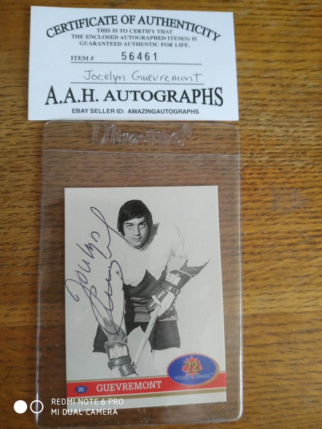 1972 JOCELYN GUEVREMONT HOCKEY CARD AUTOGRAPH & CERTIFICATE SUMMIT SERIES