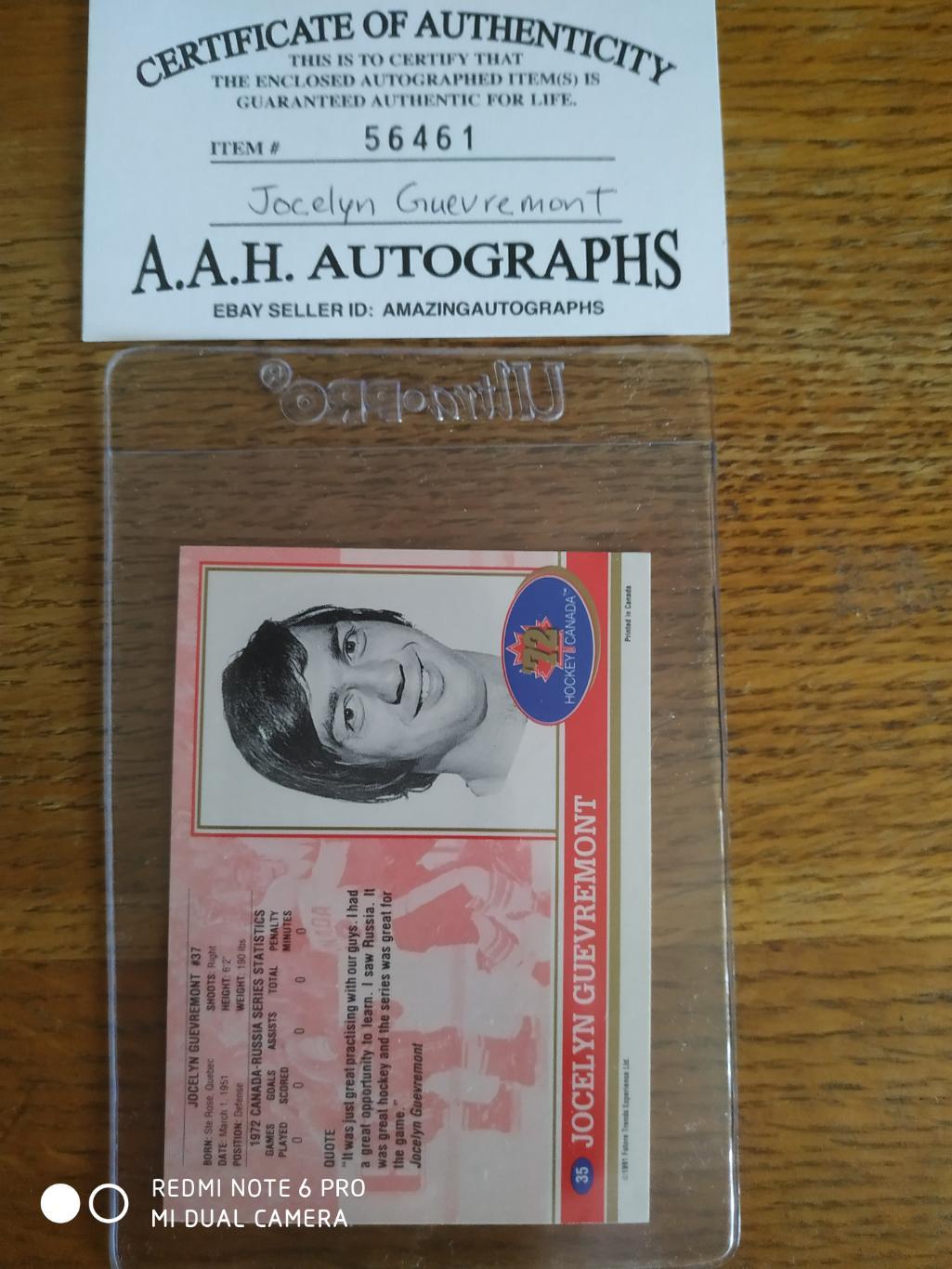 1972 JOCELYN GUEVREMONT HOCKEY CARD AUTOGRAPH & CERTIFICATE SUMMIT SERIES 1