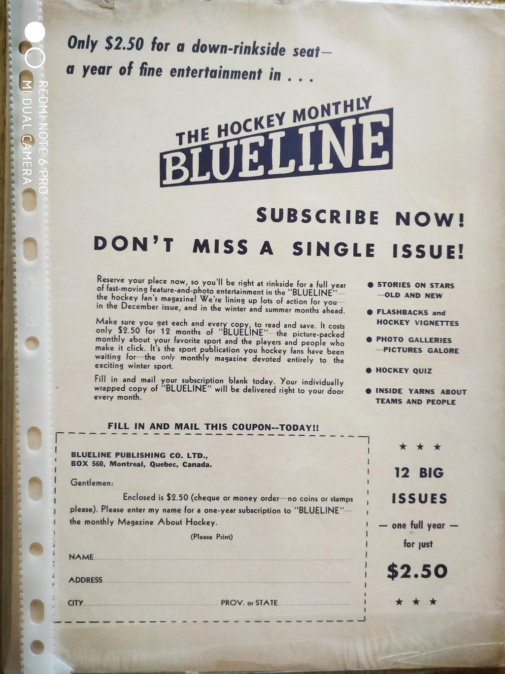 ЖУРНАЛ ЕЖЕМЕСЯЧНИК НХЛ NHL 1954 NOVEMBER THE HOCKEY MONTHLY BLUELINE 1