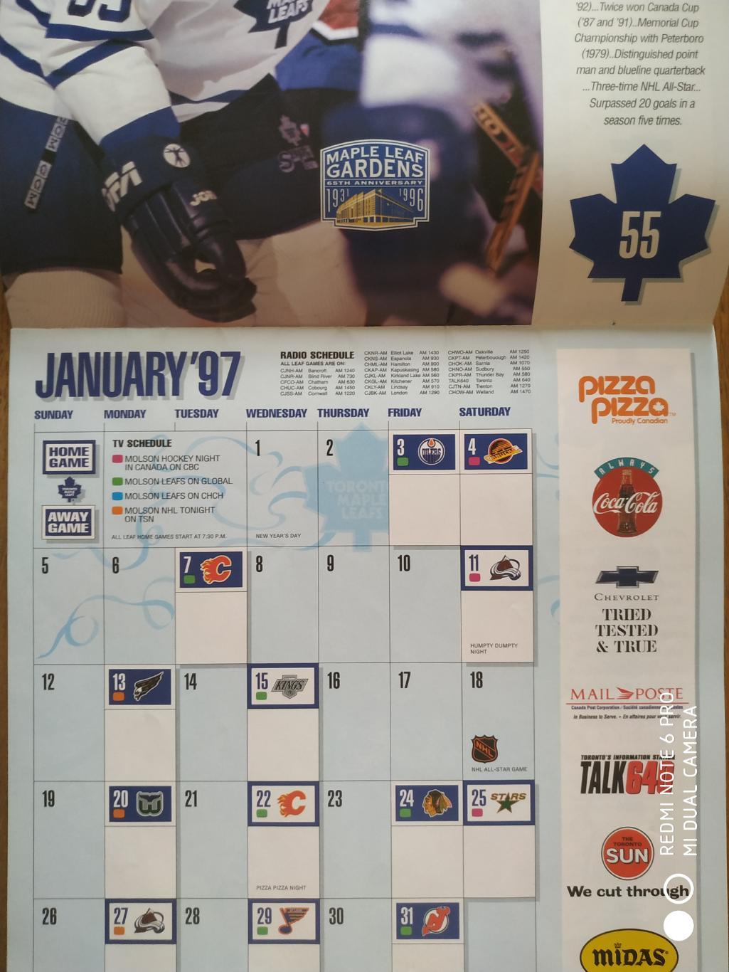 Календарь НХЛ 1986-1987 NHL TORONTO MAPLE LEAFS OFFICIAL CALENDAR 1