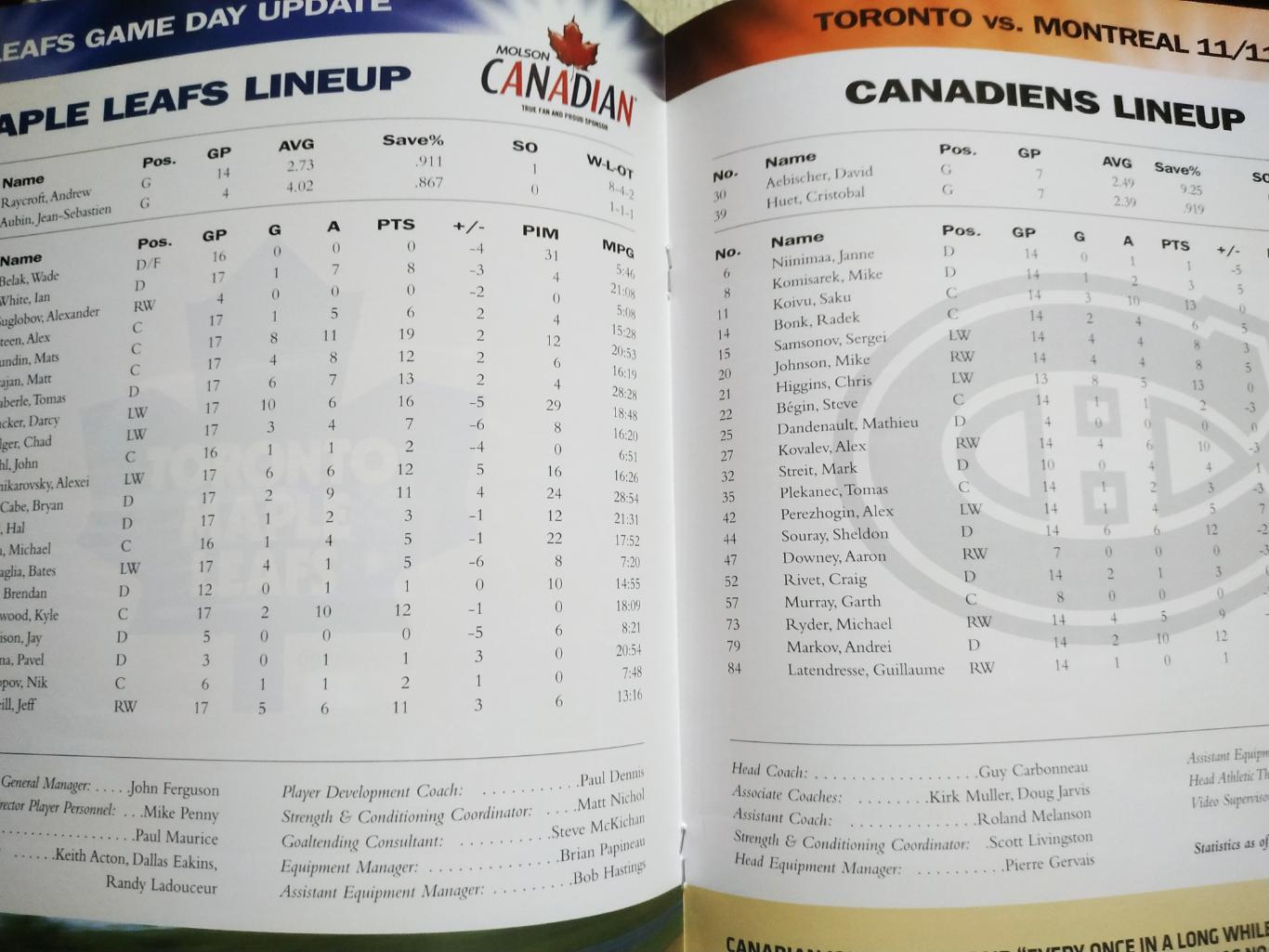 ПРОГРАММА МАТЧА ЗАЛ СЛАВЫ НХЛ 2006 NOV.11 MAPLE LEAFS VS. CANADIENS HHOF PROGRAM 5