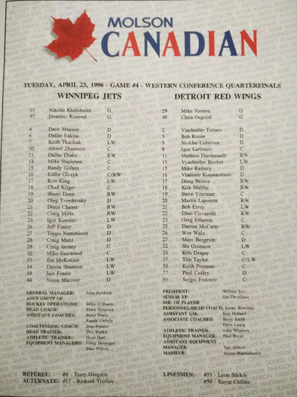 ХОККЕЙ ПРОГРАММА МАТЧА НХЛ 1996 APR.23 NHL WINNINEG VS.DETROIT OFFICIAL PROGRAM 1