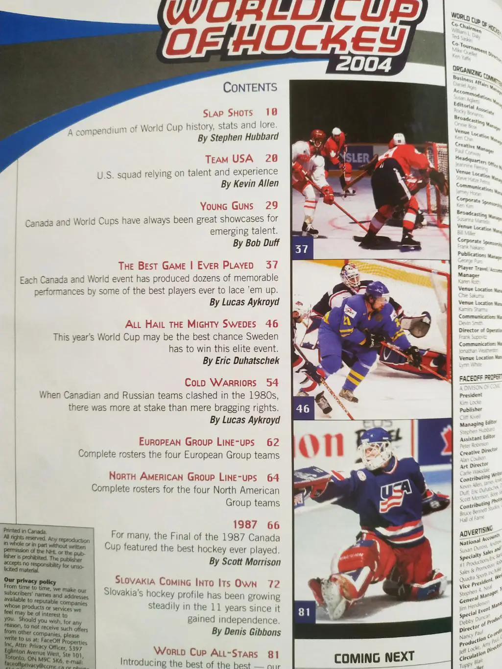 ПРОГРАММА МАТЧА НХЛ МИРОВОЙ КУБОК ХОККЕЯ NHL 2004 WORLD CUP OF HOCKEY PROGRAM 1