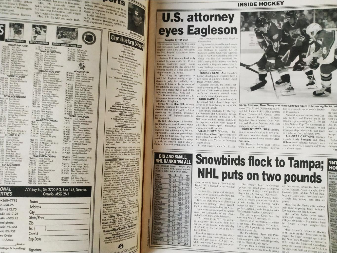 ХОККЕЙ ЖУРНАЛ ЕЖЕНЕДЕЛЬНИК НХЛ НОВОСТИ ХОККЕЯ NHL NOV.1 1996 THE HOCKEY NEWS 2