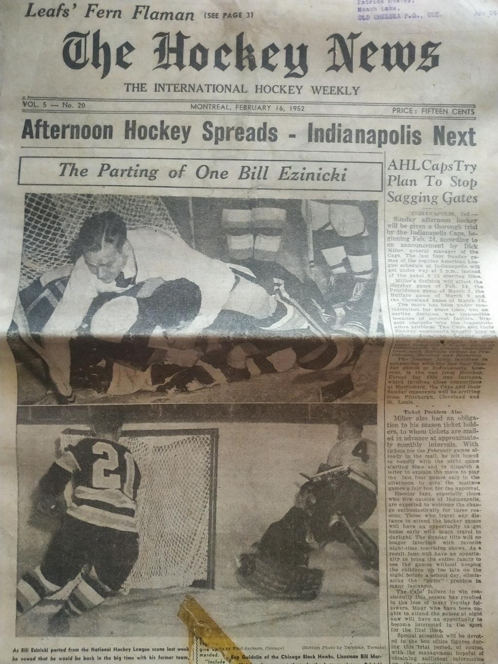 ХОККЕЙ ЖУРНАЛ ЕЖЕНЕДЕЛЬНИК НХЛ НОВОСТИ ХОККЕЯ FEB.16 1952 NHL THE HOCKEY NEWS