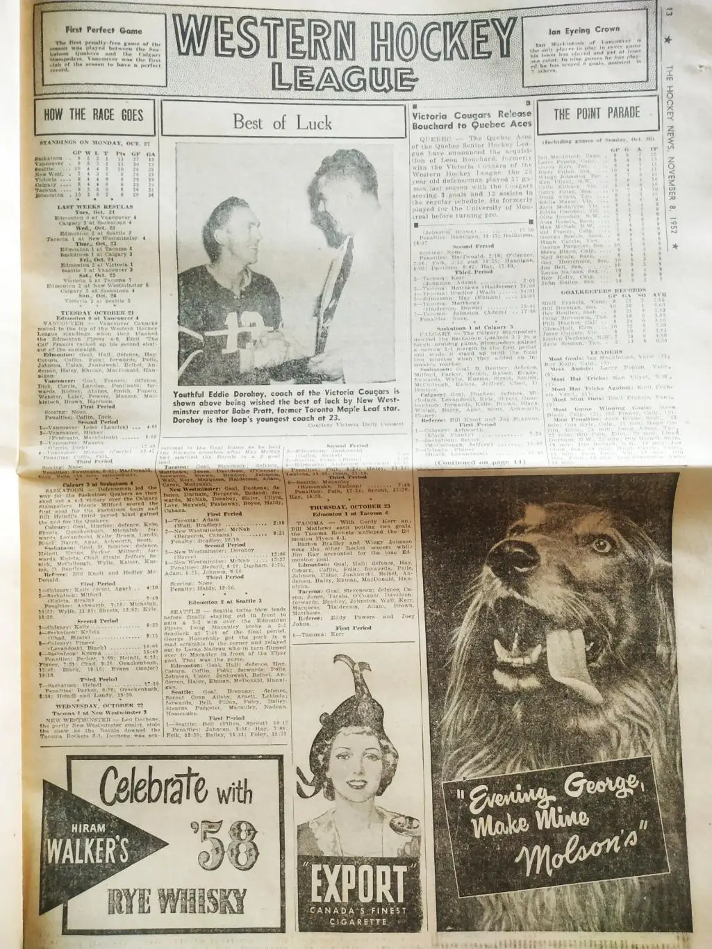 ХОККЕЙ ЖУРНАЛ ЕЖЕНЕДЕЛЬНИК НХЛ НОВОСТИ ХОККЕЯ NOV.8 1952 NHL THE HOCKEY NEWS 6