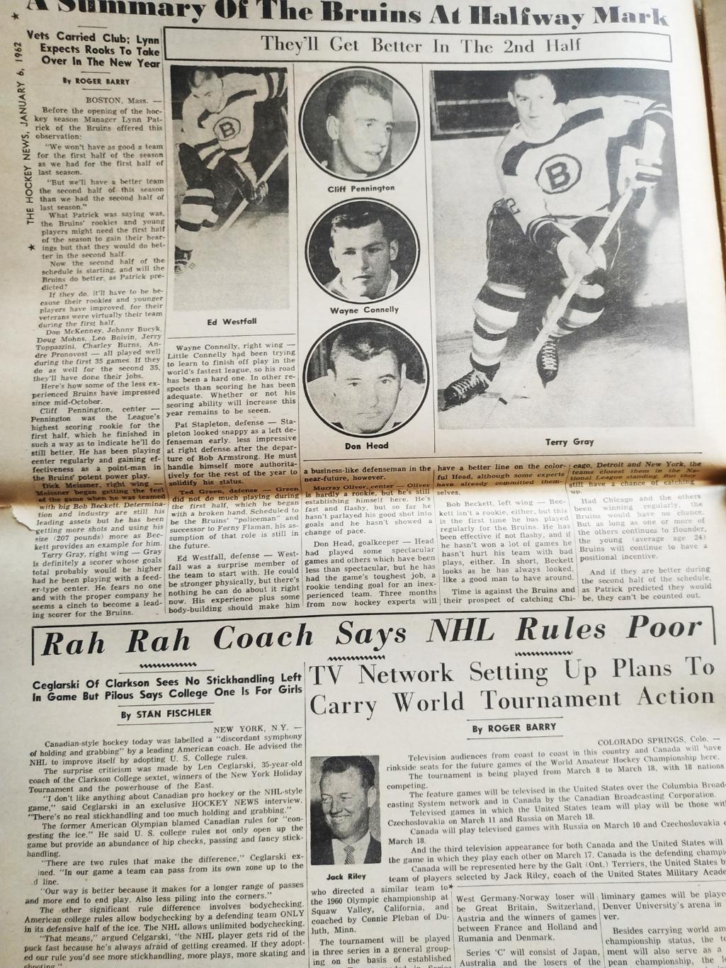 ХОККЕЙ ЖУРНАЛ ЕЖЕНЕДЕЛЬНИК НХЛ НОВОСТИ ХОККЕЯ JAN 6 1962 NHL THE HOCKEY NEWS