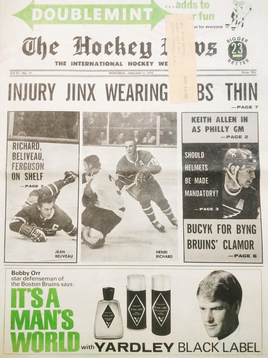 ХОККЕЙ ЖУРНАЛ ЕЖЕНЕДЕЛЬНИК НХЛ НОВОСТИ ХОККЕЯ JAN.2 1970 NHL THE HOCKEY NEWS