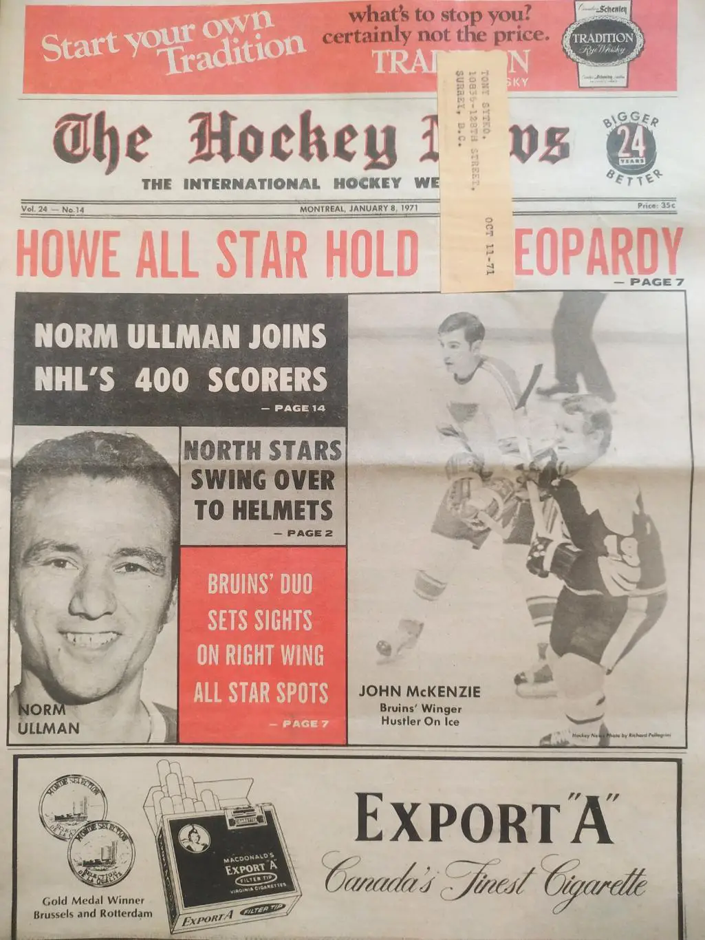 ХОККЕЙ ЖУРНАЛ ЕЖЕНЕДЕЛЬНИК НХЛ НОВОСТИ ХОККЕЯ JAN.8 1971 NHL THE HOCKEY NEWS