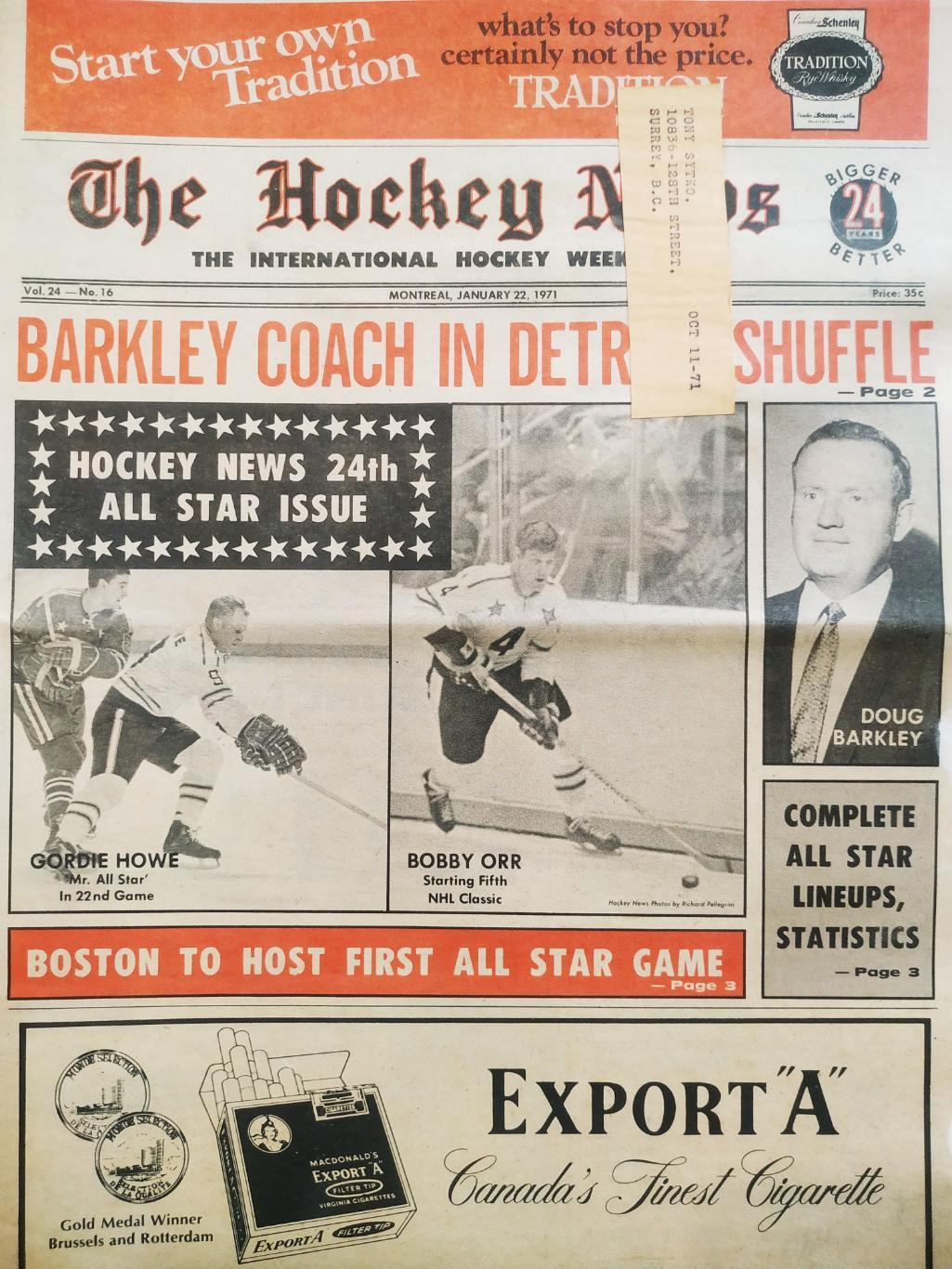 ХОККЕЙ ЖУРНАЛ ЕЖЕНЕДЕЛЬНИК НХЛ НОВОСТИ ХОККЕЯ JAN.22 1971 NHL THE HOCKEY NEWS