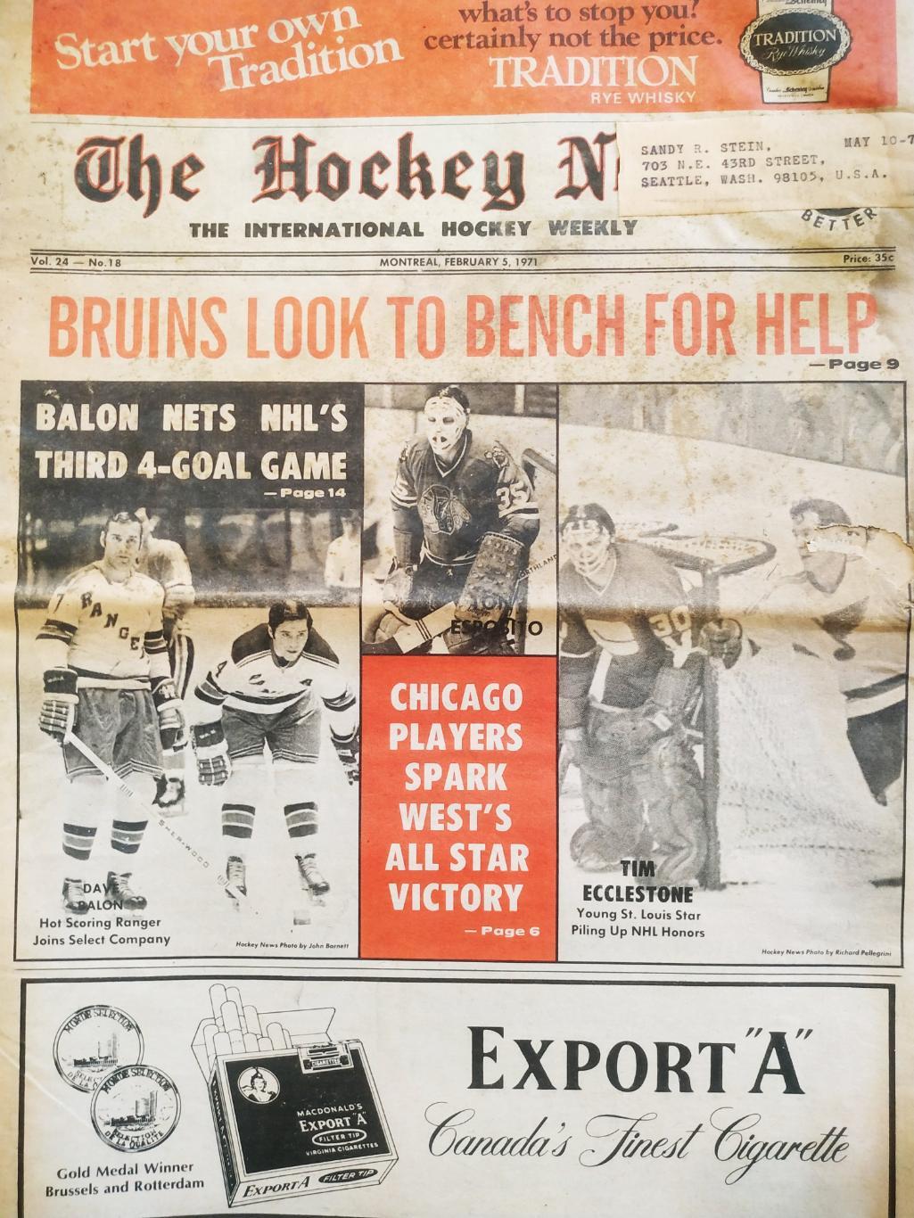 ХОККЕЙ ЖУРНАЛ ЕЖЕНЕДЕЛЬНИК НХЛ НОВОСТИ ХОККЕЯ FEB.5 1971 NHL THE HOCKEY NEWS