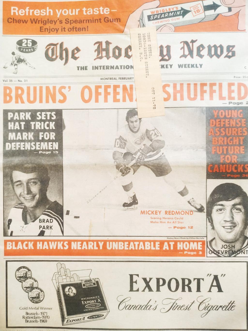 ХОККЕЙ ЖУРНАЛ ЕЖЕНЕДЕЛЬНИК НХЛ НОВОСТИ ХОККЕЯ FEB.25 1972 NHL THE HOCKEY NEWS