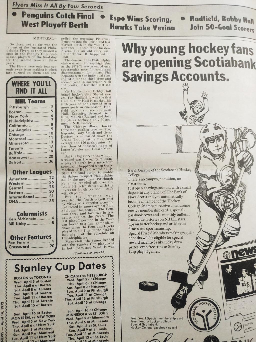 ХОККЕЙ ЖУРНАЛ ЕЖЕНЕДЕЛЬНИК НХЛ НОВОСТИ ХОККЕЯ APR.14 1972 NHL THE HOCKEY NEWS 1