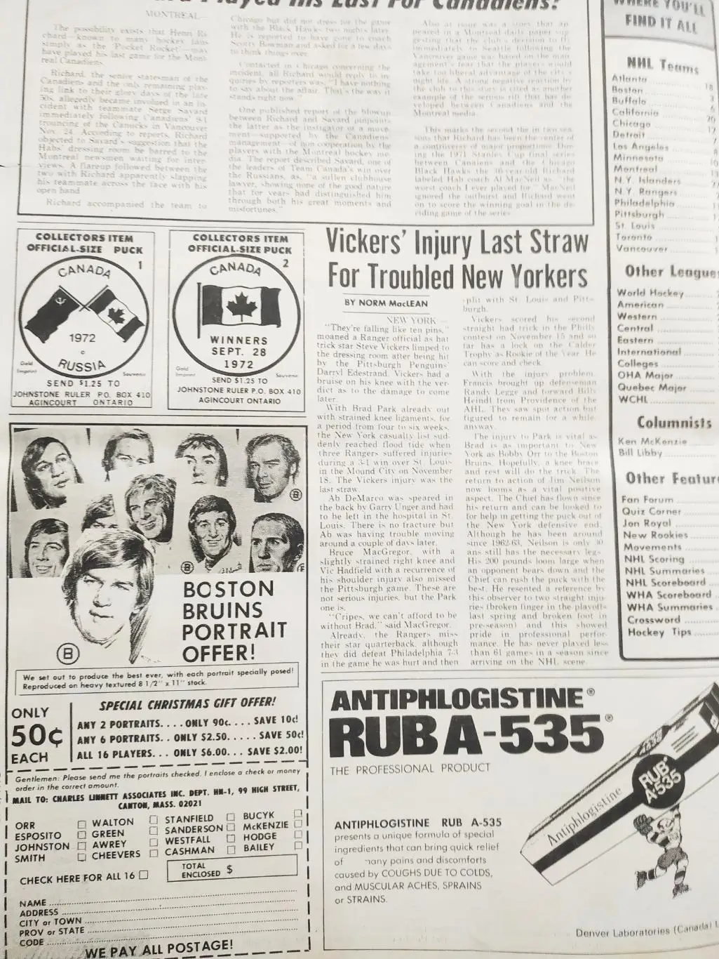 ХОККЕЙ ЖУРНАЛ ЕЖЕНЕДЕЛЬНИК НХЛ НОВОСТИ ХОККЕЯ DEC.8 1972 NHL THE HOCKEY NEWS 1