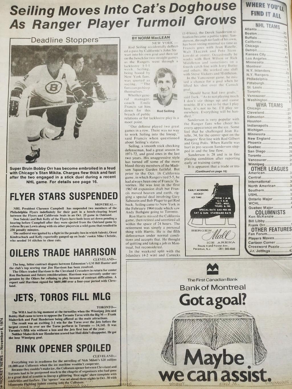 ХОККЕЙ ЖУРНАЛ ЕЖЕНЕДЕЛЬНИК НХЛ НОВОСТИ ХОККЕЯ NOV.8 1974 NHL THE HOCKEY NEWS 1