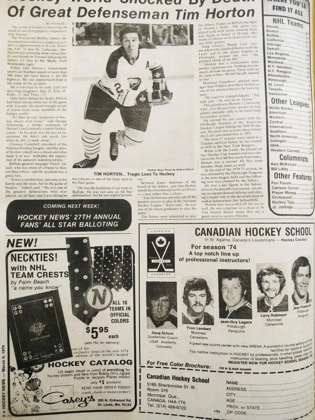 ХОККЕЙ ЖУРНАЛ ЕЖЕНЕДЕЛЬНИК НХЛ НОВОСТИ ХОККЕЯ MAR.8 1974 NHL THE HOCKEY NEWS 1