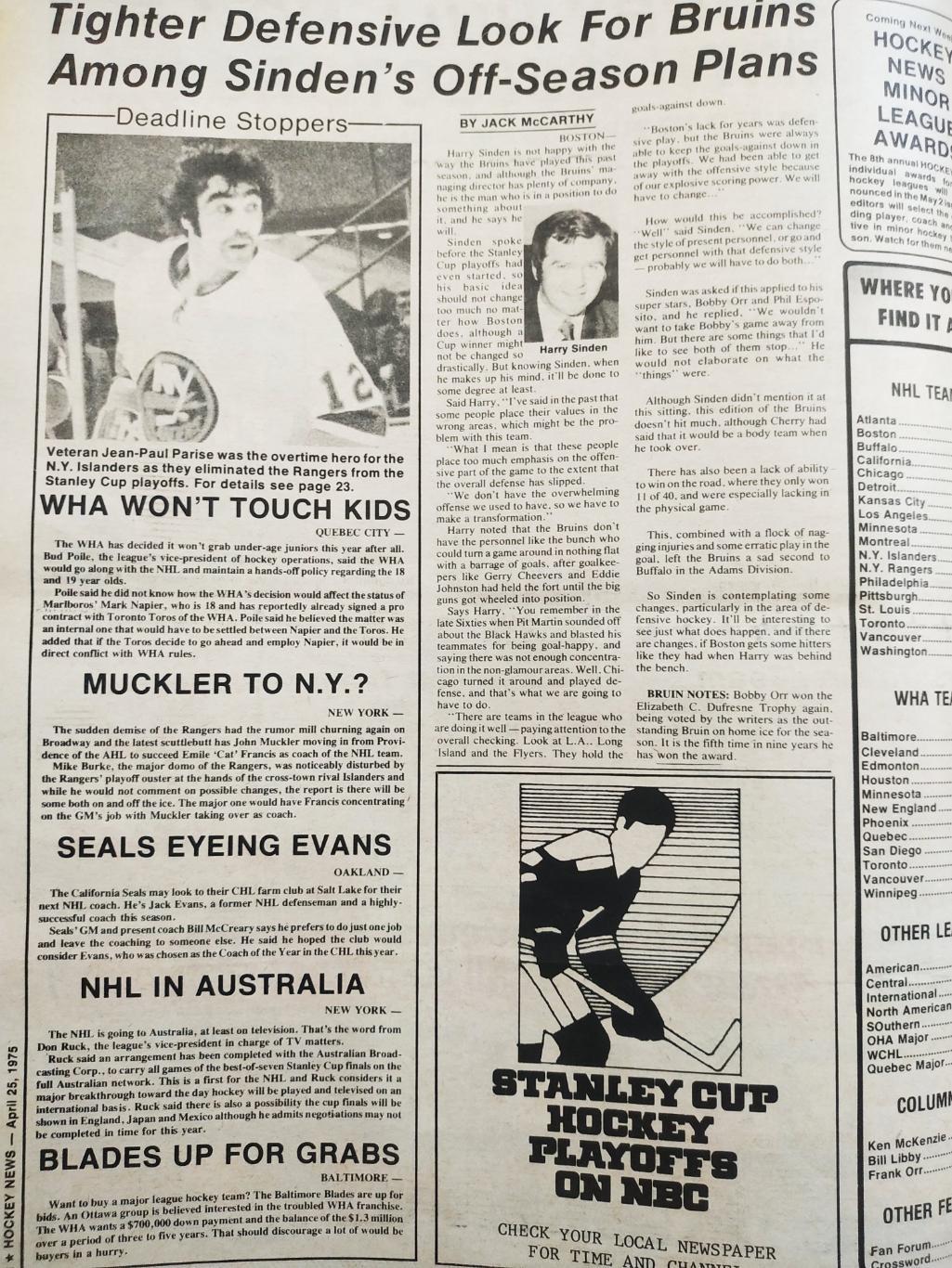 ХОККЕЙ ЖУРНАЛ ЕЖЕНЕДЕЛЬНИК НХЛ НОВОСТИ ХОККЕЯ APR.25 1975 NHL THE HOCKEY NEWS 1