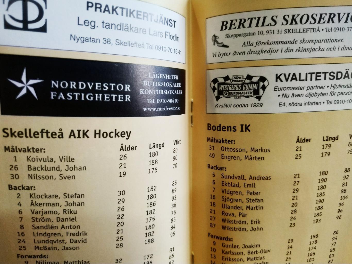 ХОККЕЙ ПРОГРАММА МАТЧА НХЛ NHL 2002 NOV.17 SKELLEFTEA AIK VS. BODENS IK PROGRAM 1