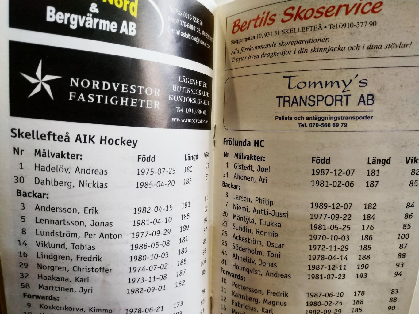 ХОККЕЙ ПРОГРАММА МАТЧА НХЛ NHL 2008 JAN.3 SKELLEFTEA AIK VS. FROLUNDA HC PROGRAM 1
