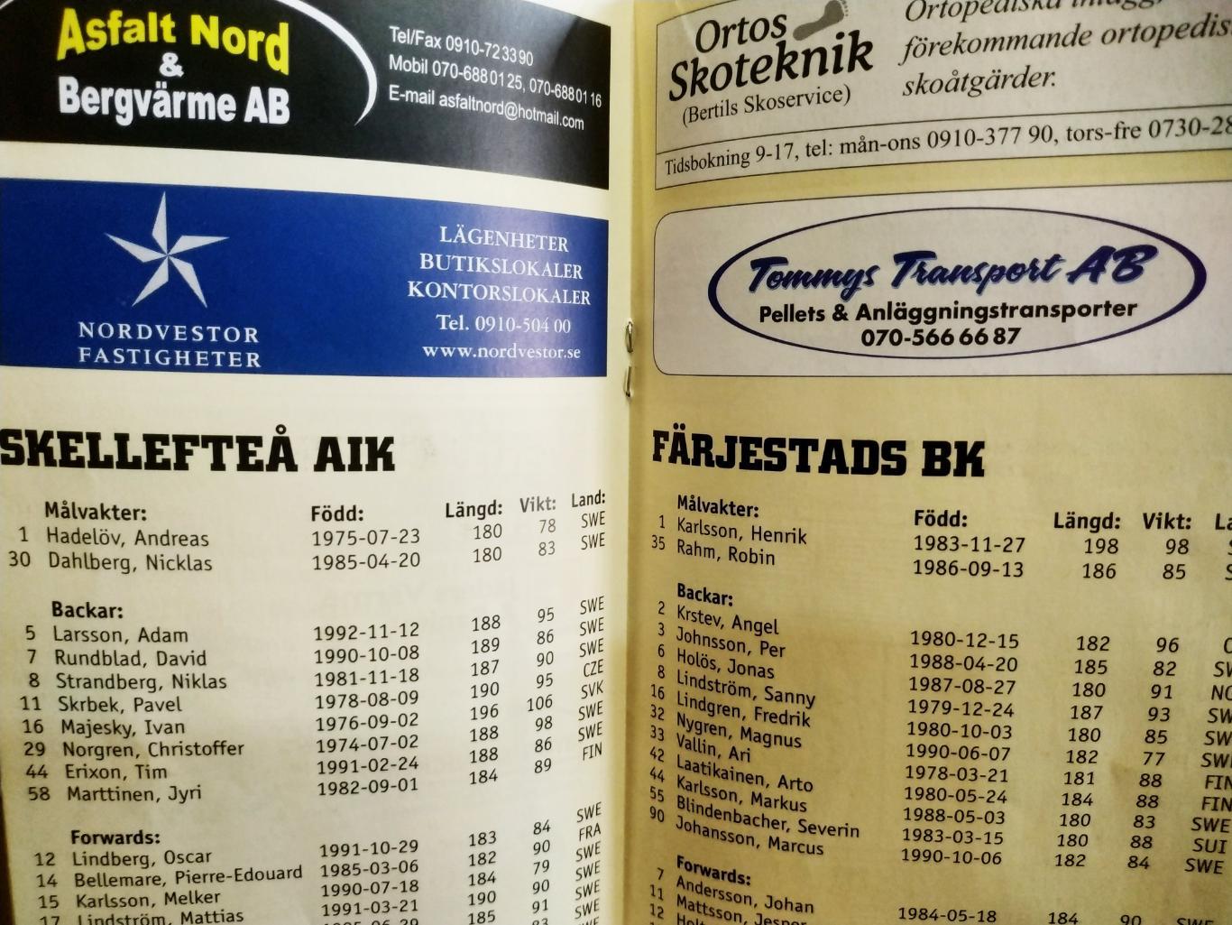 ХОККЕЙ ПРОГРАММА МАТЧА НХЛ 2010 MAR.30 SKELLEFTEA AIK VS FARJESTADS BK PROGRAM 1