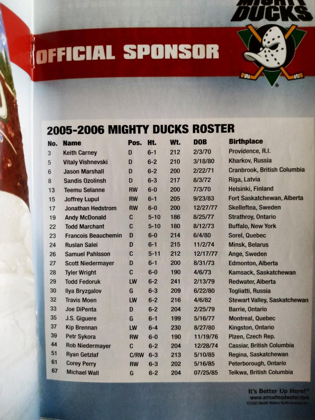 ПРОГРАММА МАТЧА НХЛ ДАКС NHL 2005 NOV.25 MIGHTY DUCKS VS. DETROIT RED WINGS PROG 4