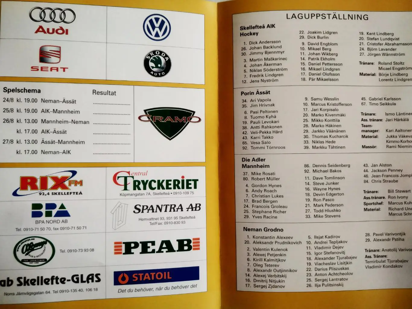 ХОККЕЙ ПРОГРАММА КУБКА НХЛ NHL 2000 BILBOLAGET CUP PROGRAM GAME 1