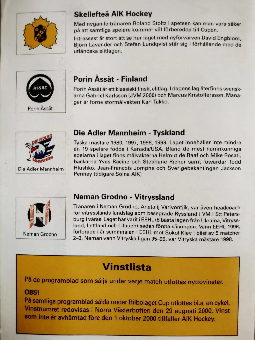 ХОККЕЙ ПРОГРАММА КУБКА НХЛ NHL 2000 BILBOLAGET CUP PROGRAM GAME 2