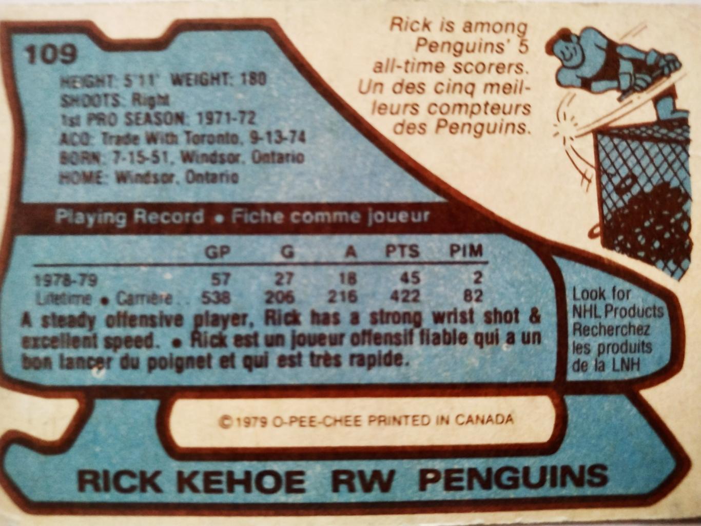 ХОККЕЙ КАРТОЧКА НХЛ O-PEE-CHEE 1979 NHL RICK KEHOE PITTSBURGH PENGUINS #109 1
