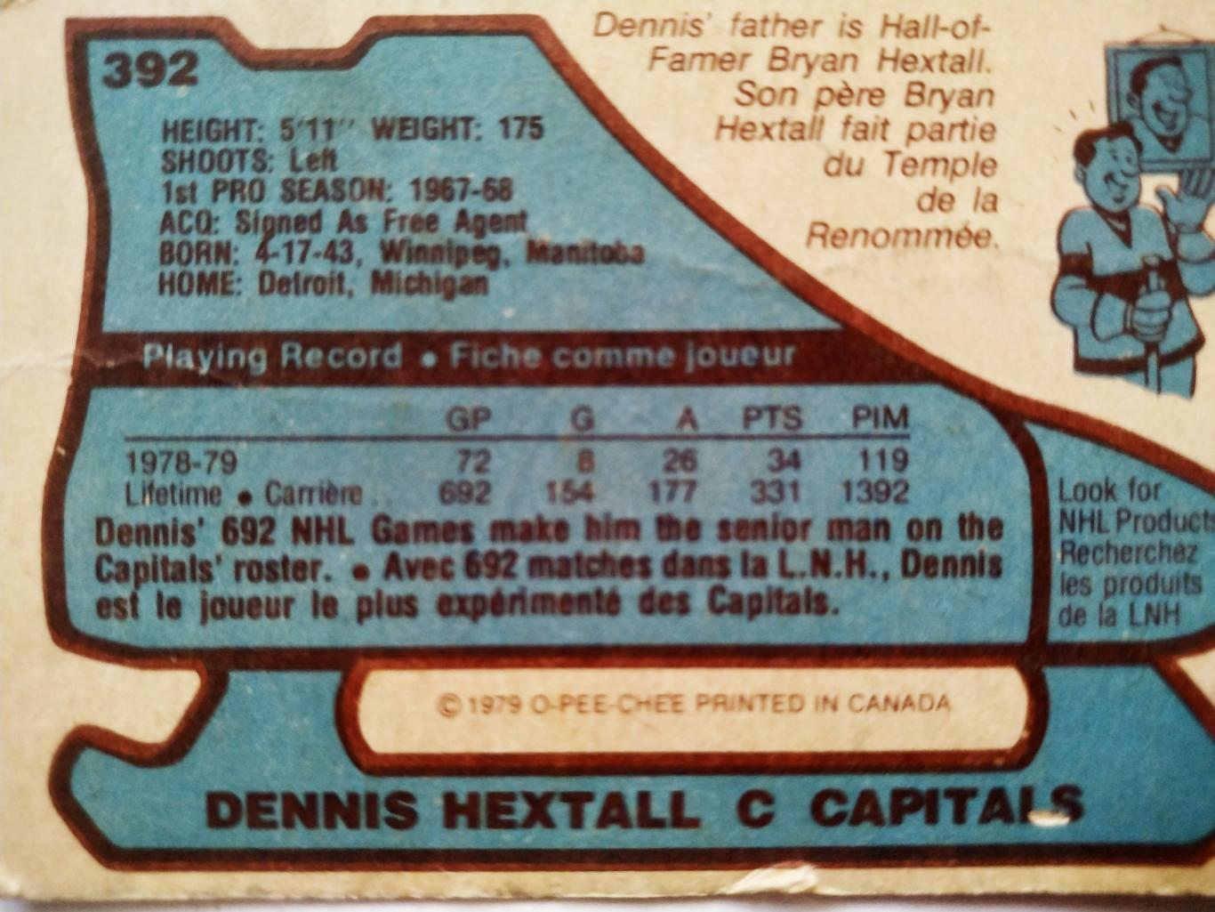 ХОККЕЙ КАРТОЧКА НХЛ O-PEE-CHEE 1979 NHL DENNIS HEXTALL WASHINGTON CAPITALS #392 1