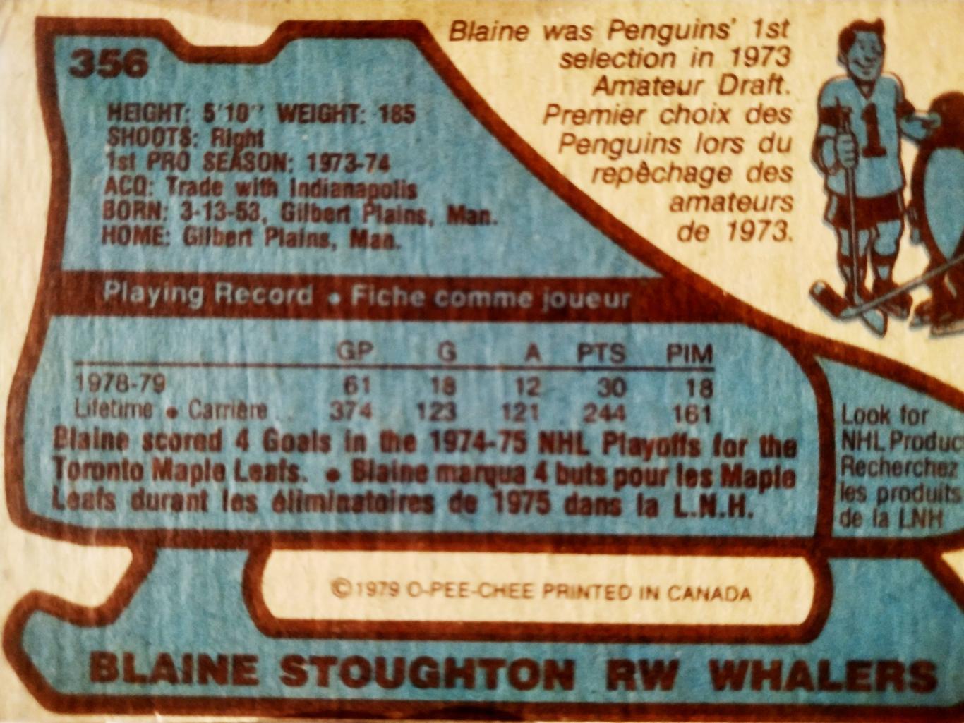 ХОККЕЙ КАРТОЧКА НХЛ O-PEE-CHEE 1979 NHL BLAINE STOUGHTON HARTFORD WHALERS #356 1