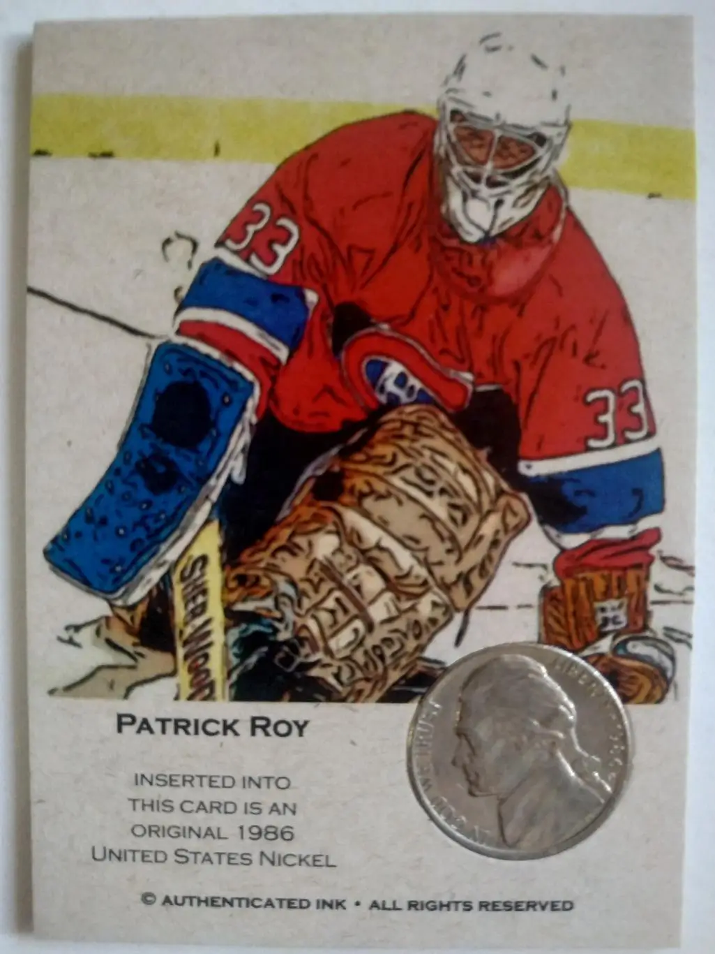 ХОККЕЙ КАРТОЧКА МОНЕТА НХЛ ПАТРИК РОЙ 1986 NHL PATRICK ROY CENTENNIAL COIN CARD