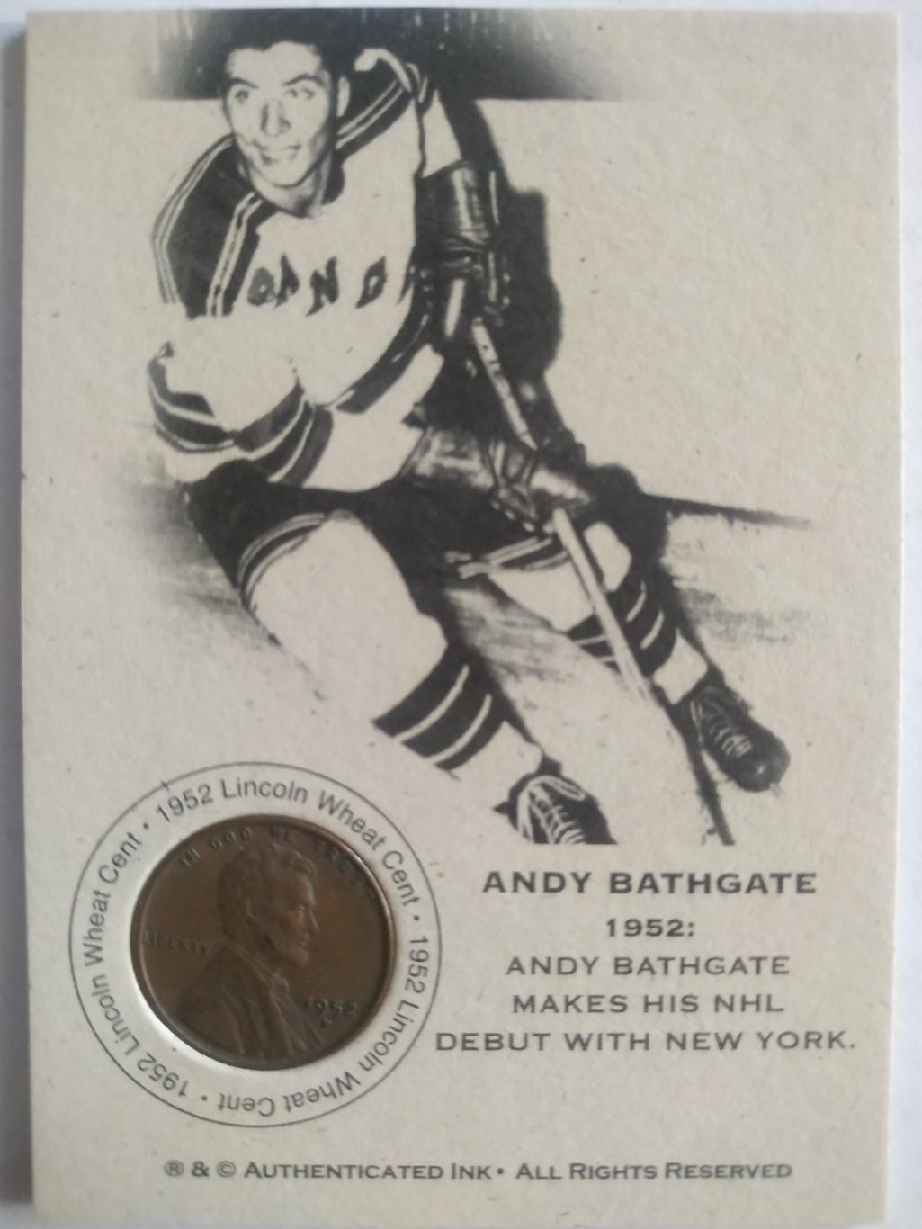 ХОККЕЙ КАРТОЧКА МОНЕТА НХЛ БАТГЕЙТ 1952 NHL ANDY BATHGATE CENTENNIAL COIN CARD