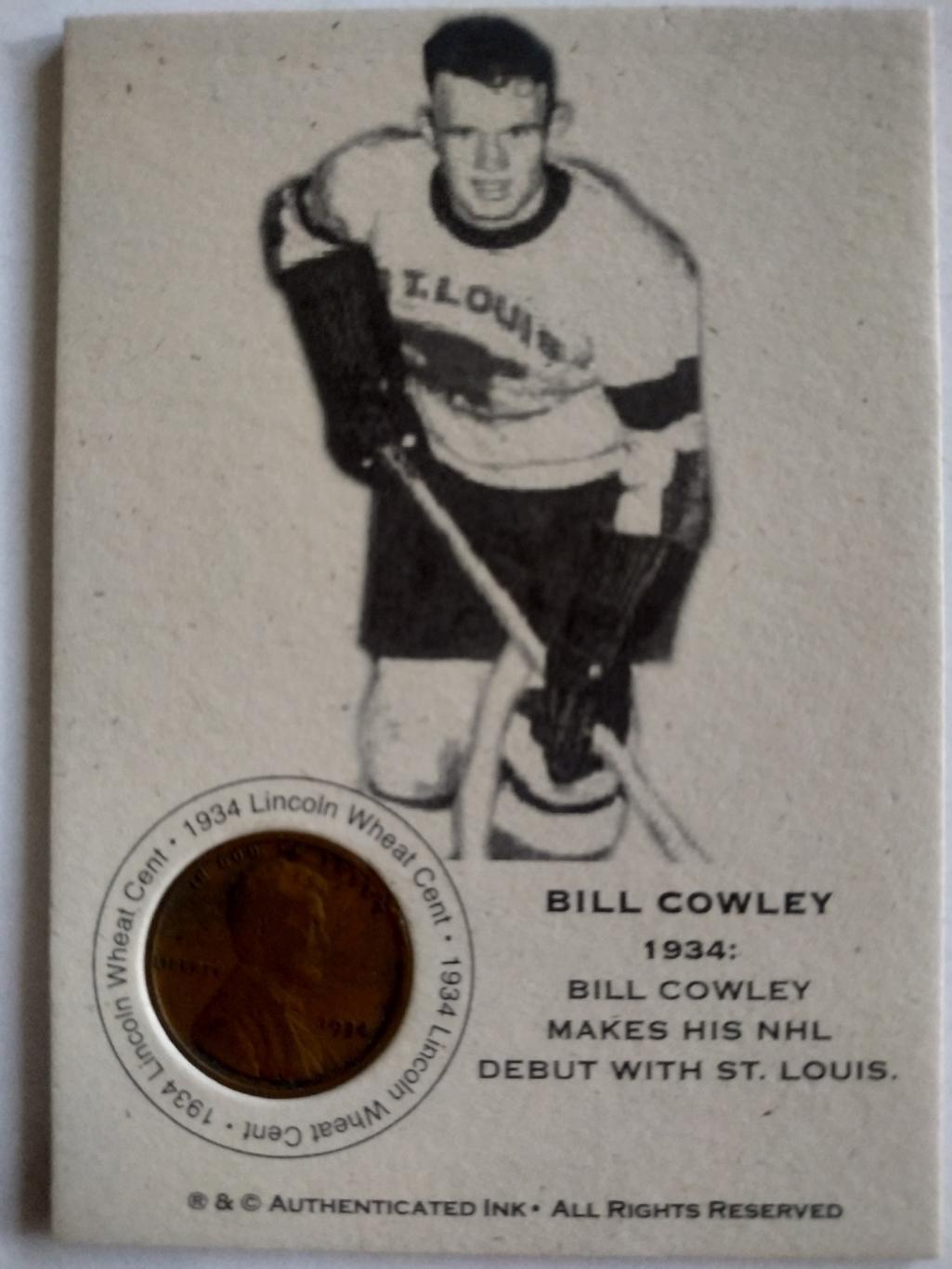 ХОККЕЙ КАРТОЧКА МОНЕТА НХЛ БИЛЛ КОУЛИ 1934 NHL BILL COWLEY CENTENNIAL COIN CARD