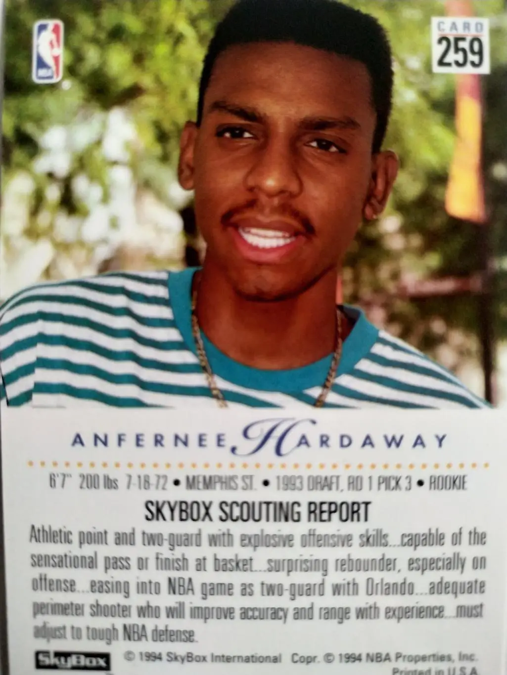 БАСКЕТБОЛ КАРТОЧКА SKYBOX PREMIUM 1994 NBA ANFERNEE HARDAWAY ROOKIE CARD #259 1