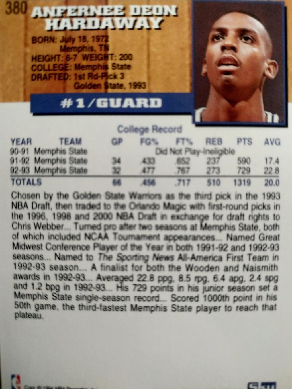 БАСКЕТБОЛ КАРТОЧКА SKYBOX 1994 NBA ANFERNEE HARDAWAY CARD #380 1