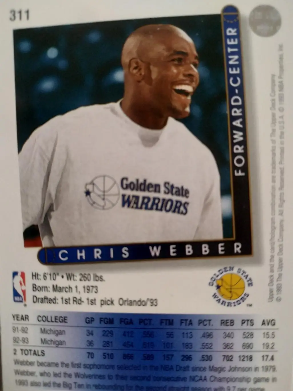 БАСКЕТБОЛ КАРТОЧКА UPPER DECK 1993 NBA CHRIS WEBBER #311 1