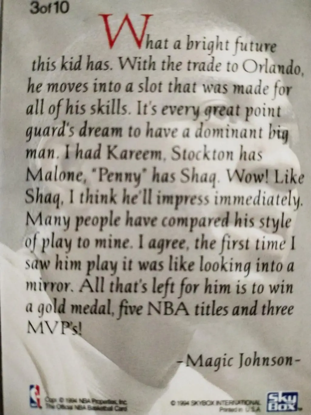 БАСКЕТБОЛ КАРТОЧКА SKYBOX 1994 NBA ANFERNEE HARDAWAY ALL ROOKIE TEAM CARD #3OF10 1