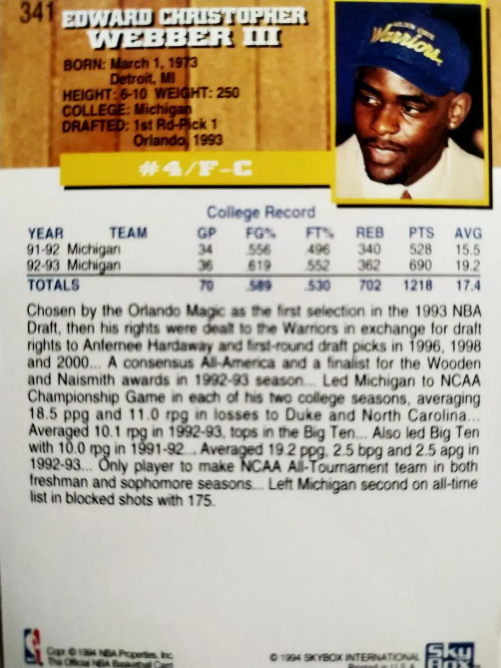 БАСКЕТБОЛ КАРТОЧКА SKYBOX 1994 NBA CHRIS WEBBER #341 1