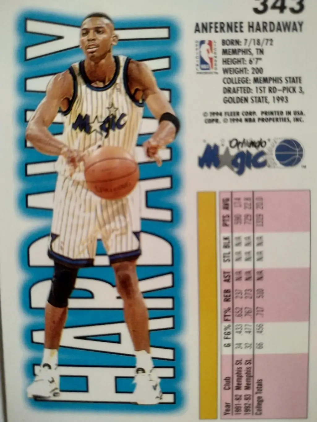 БАСКЕТБОЛ КАРТОЧКА FLEER 1993-94 NBA ANFERNEE HARDAWAY #343 1