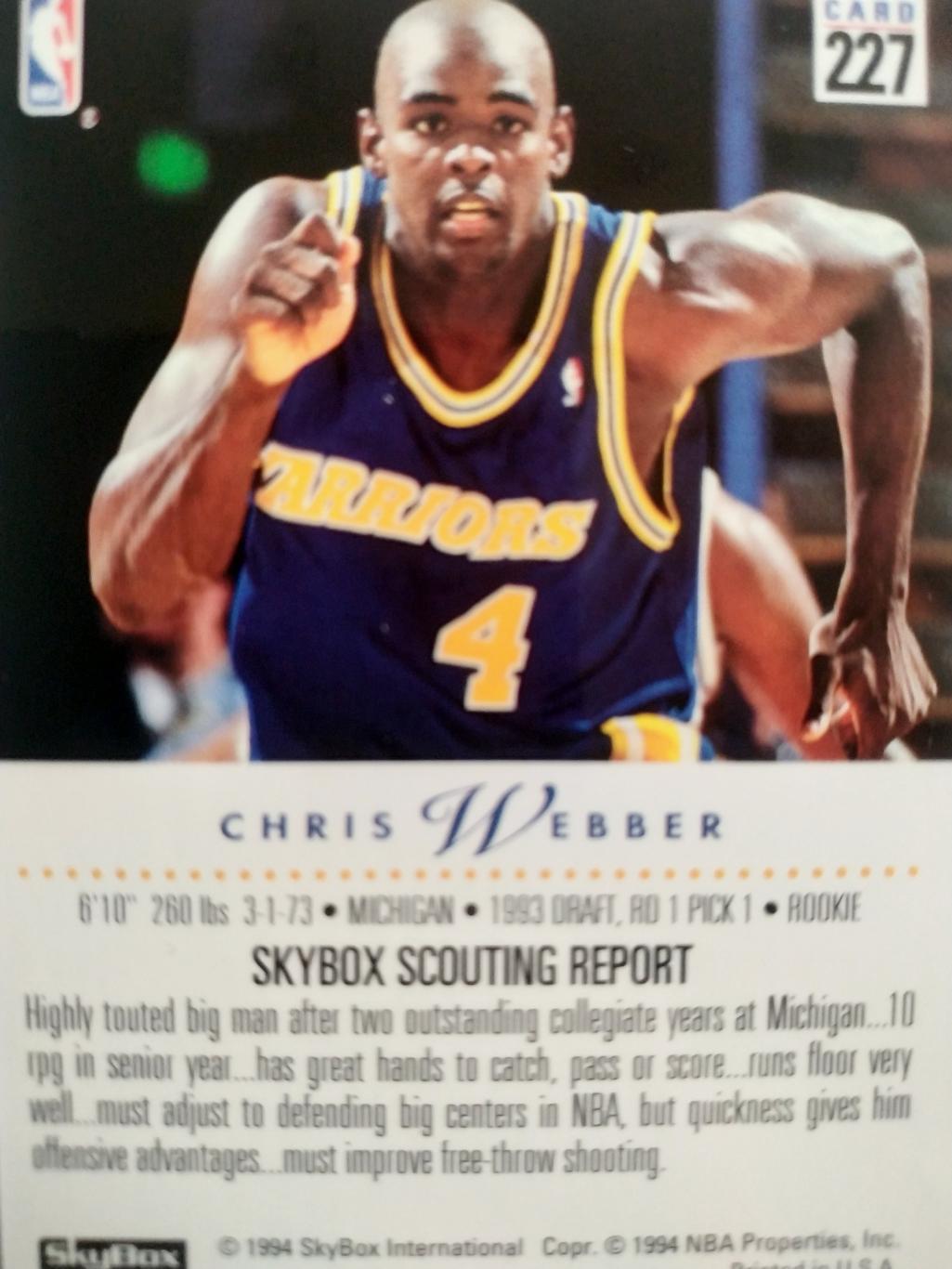 БАСКЕТБОЛ КАРТОЧКА SKYBOX PREMIUM 1994 NBA CHRIS WEBBER ROOKIE CARD #227 1