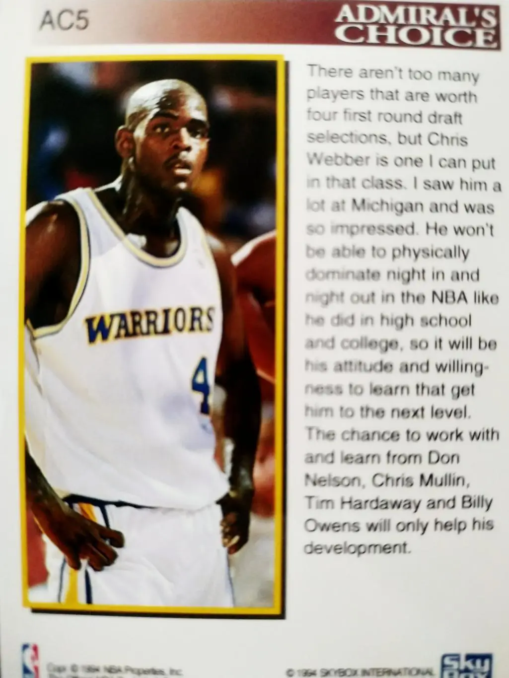 БАСКЕТБОЛ КАРТОЧКА SKYBOX 1994 NBA CHRIS WEBBER CARD #AC5 1