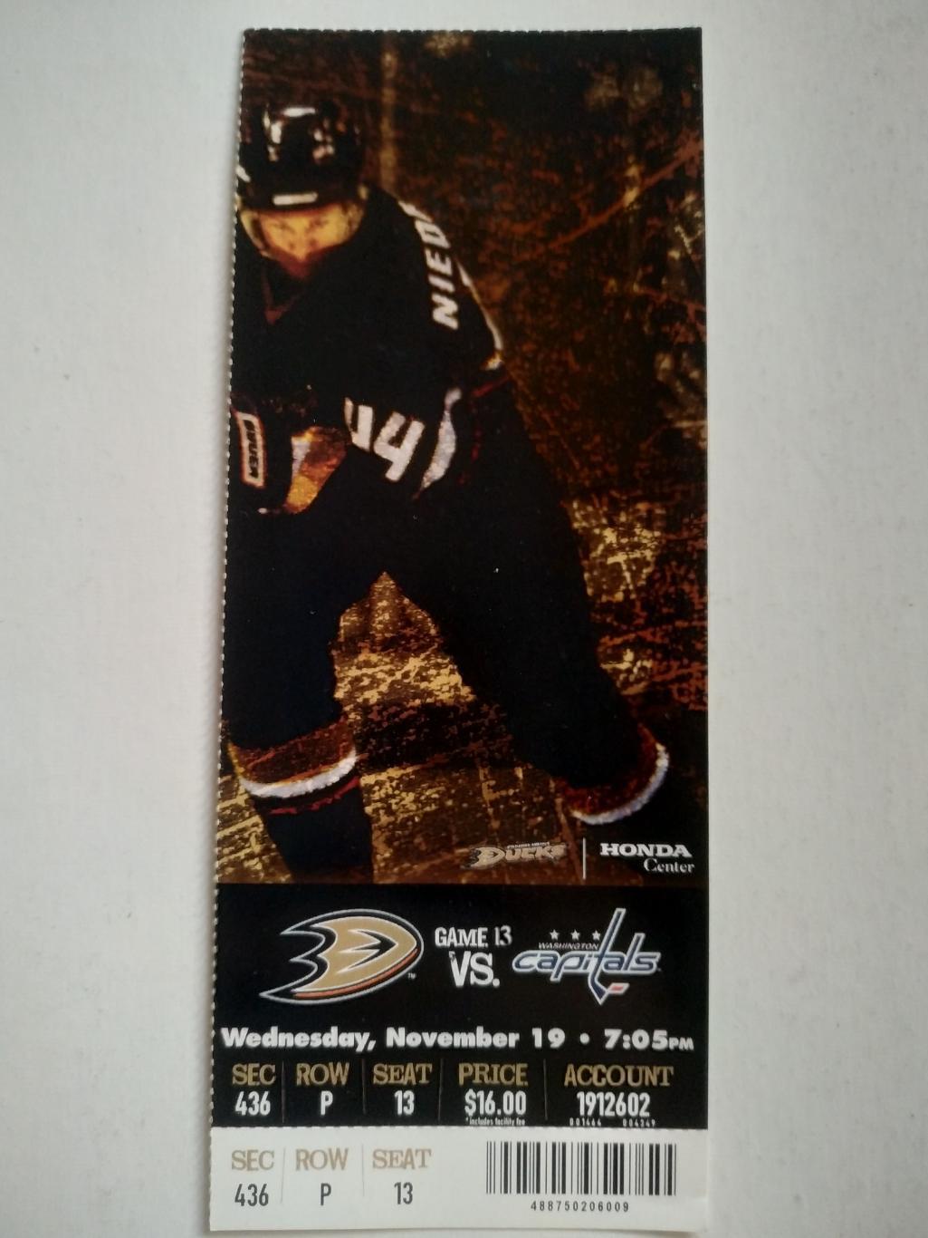 БИЛЕТ МАТЧА НХЛ ДАКС NHL 2008 NOV.19 ANAHEIM DUCKS VS.WASHINGTON CAPITALS TICKET