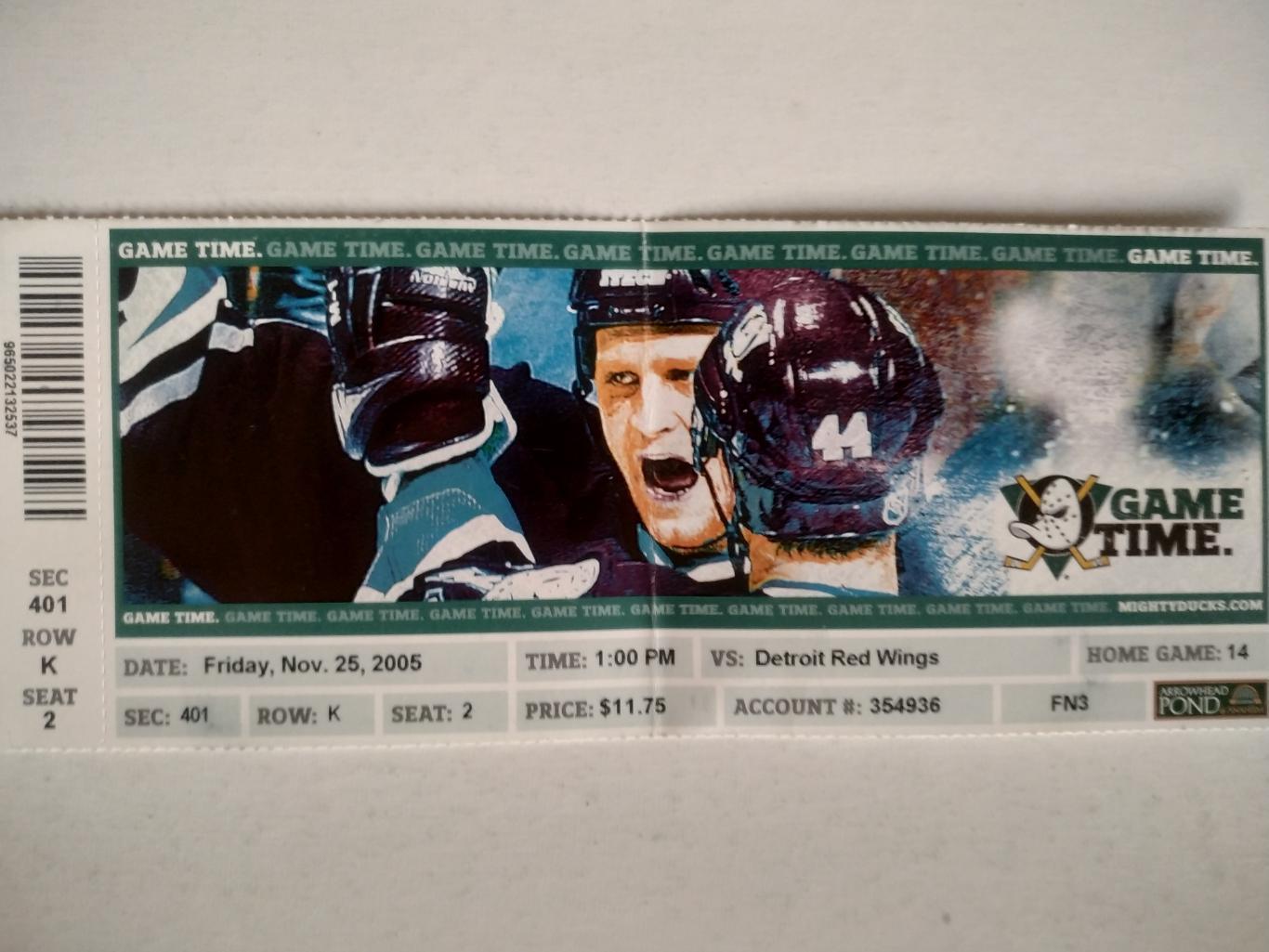 БИЛЕТ МАТЧА НХЛ ДАКС NHL 2005 NOV.25 MIGHTY DUCKS VS. DETROIT RED WINGS TICKET 2