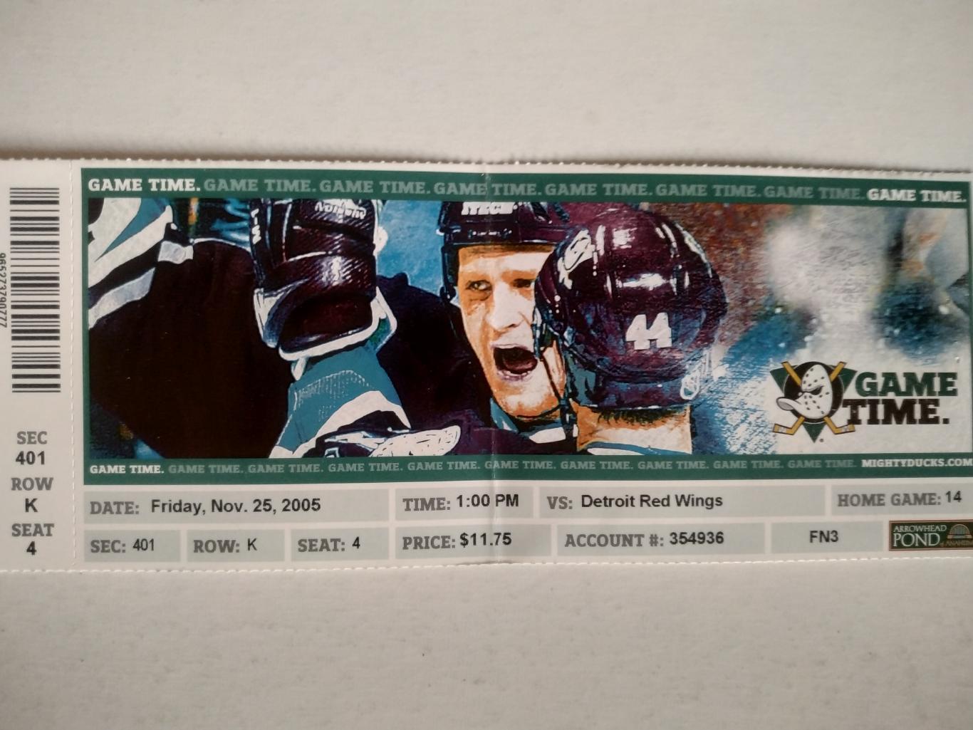 БИЛЕТ МАТЧА НХЛ ДАКС NHL 2005 NOV.25 MIGHTY DUCKS VS. DETROIT RED WINGS TICKET