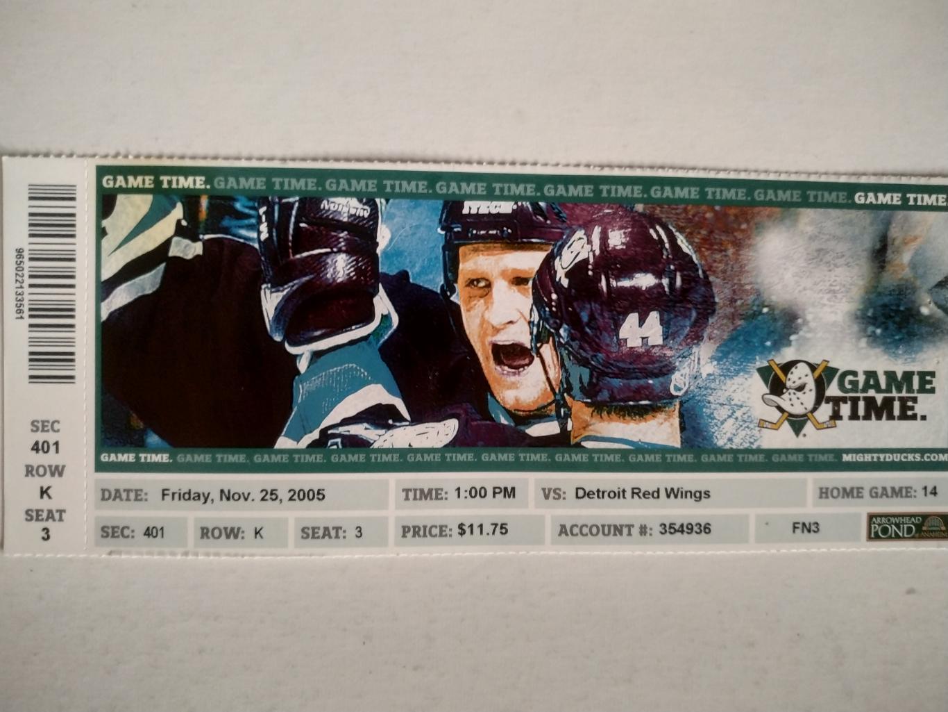 БИЛЕТ МАТЧА НХЛ ДАКС NHL 2005 NOV.25 MIGHTY DUCKS VS. DETROIT RED WINGS TICKET