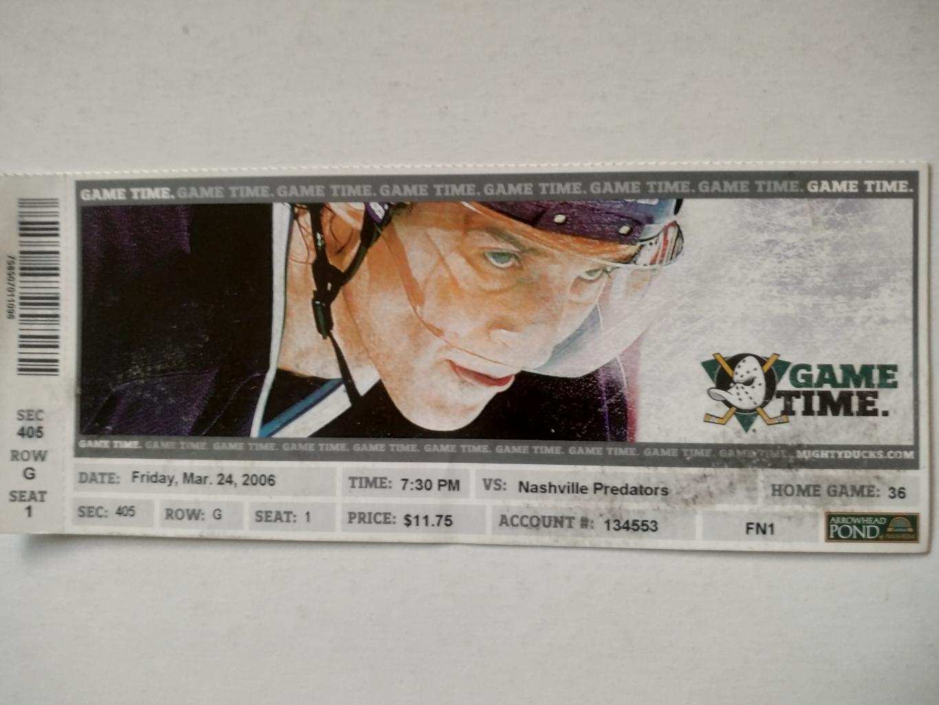 БИЛЕТ МАТЧА НХЛ ДАКС NHL 2006 MAR.24 MIGHTY DUCKS VS. NASHVILLE PREDATORS TICKET