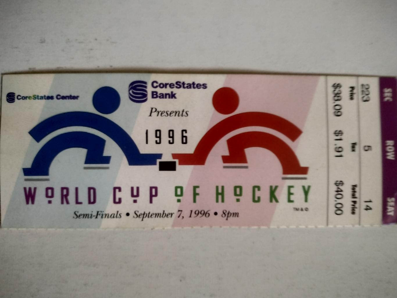 БИЛЕТ МАТЧА ХОККЕЙ КУБОК МИРА КАНАДА ШВЕЦИЯ 1996 NHL CANADA SWEDEN WORLD CUP