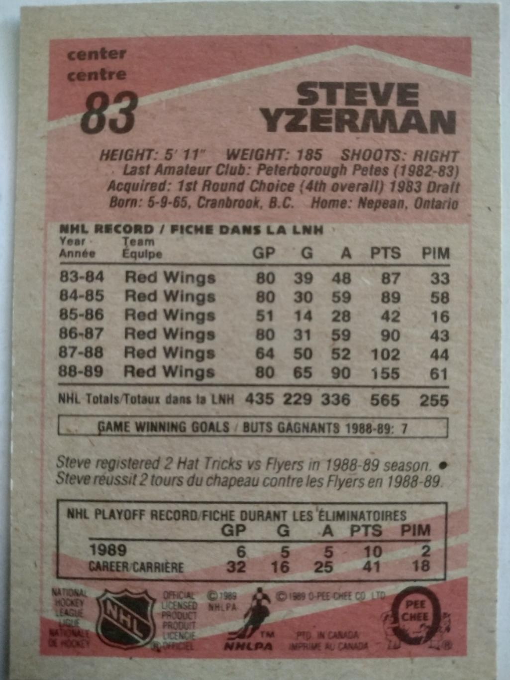 ХОККЕЙ КАРТОЧКА НХЛ O-PEE-CHEE 1989 NHL STEVE YZERMAN DETROIT RED WINGS #83 1