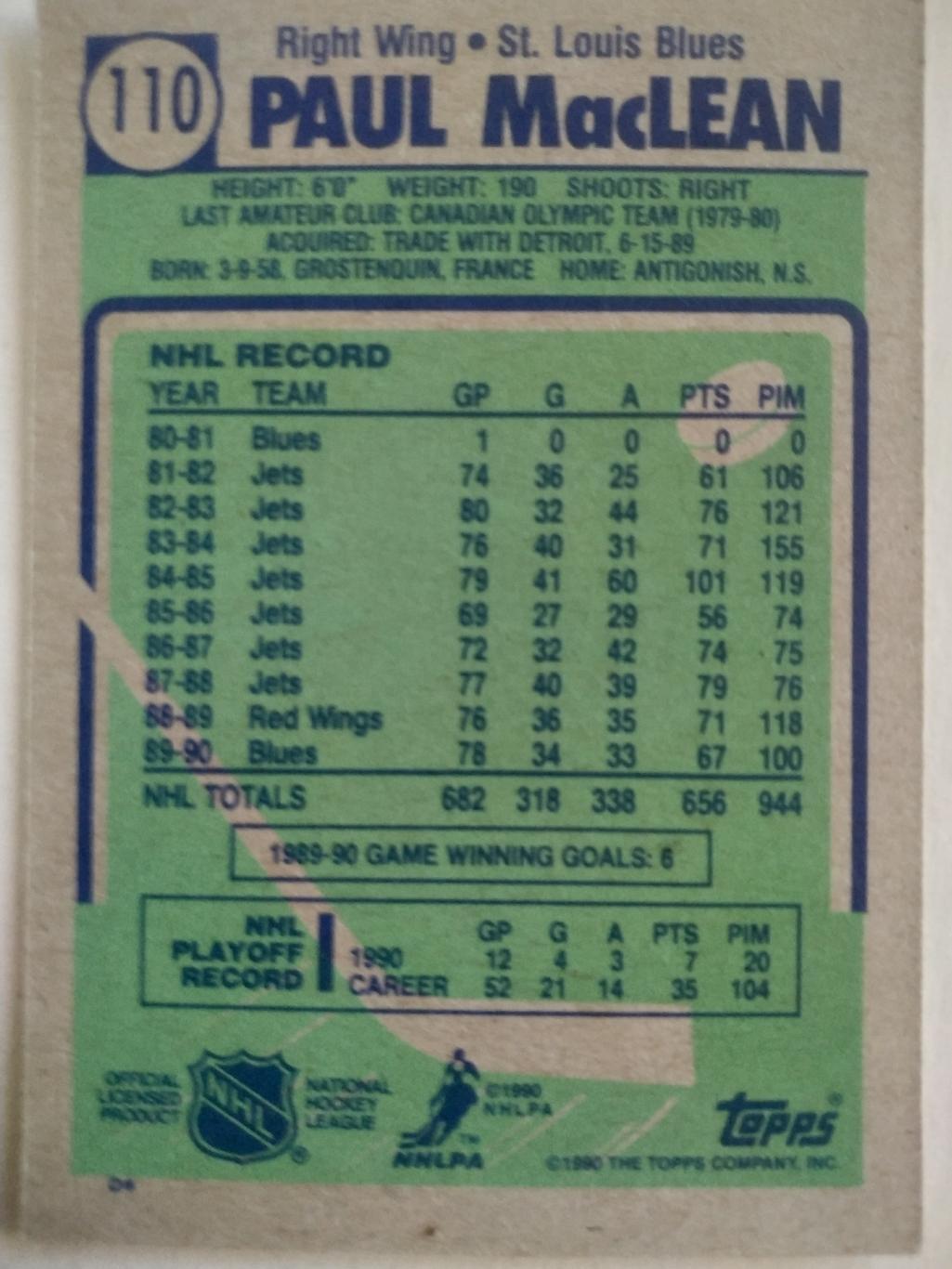 ХОККЕЙ КАРТОЧКА НХЛ TOPPS 1990-91 NHL PAUL MACLEAN ST. LOUIS BLUES #110 1