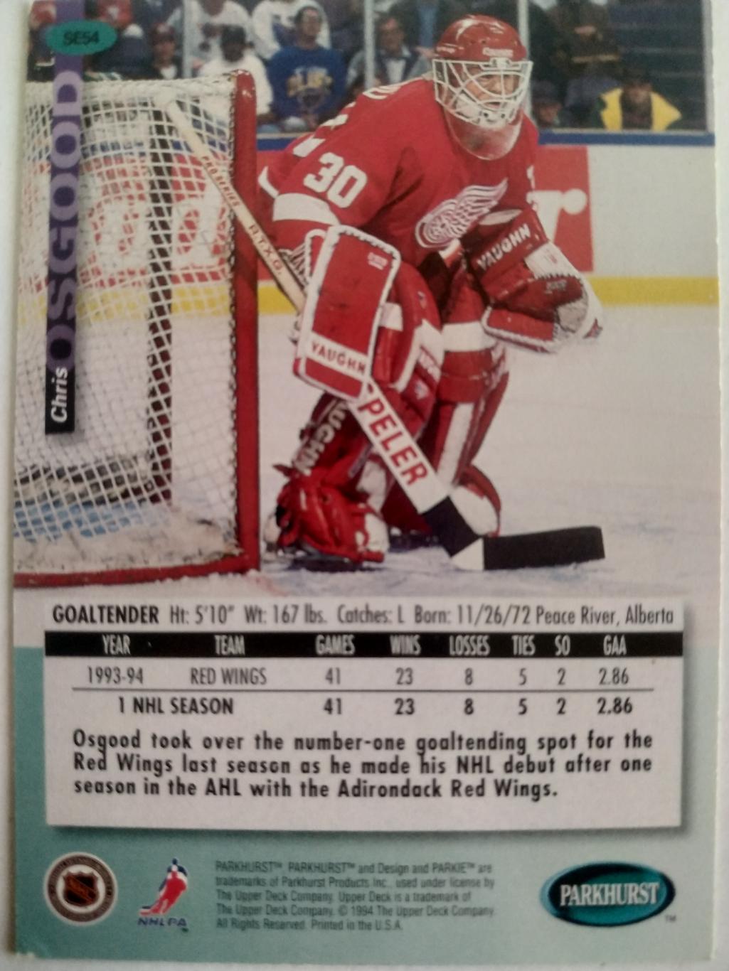 ХОККЕЙ КАРТОЧКА НХЛ PARKHURST 1994 NHL CHRIS OSGOOD DETROIT RED WINGS #SE54 1